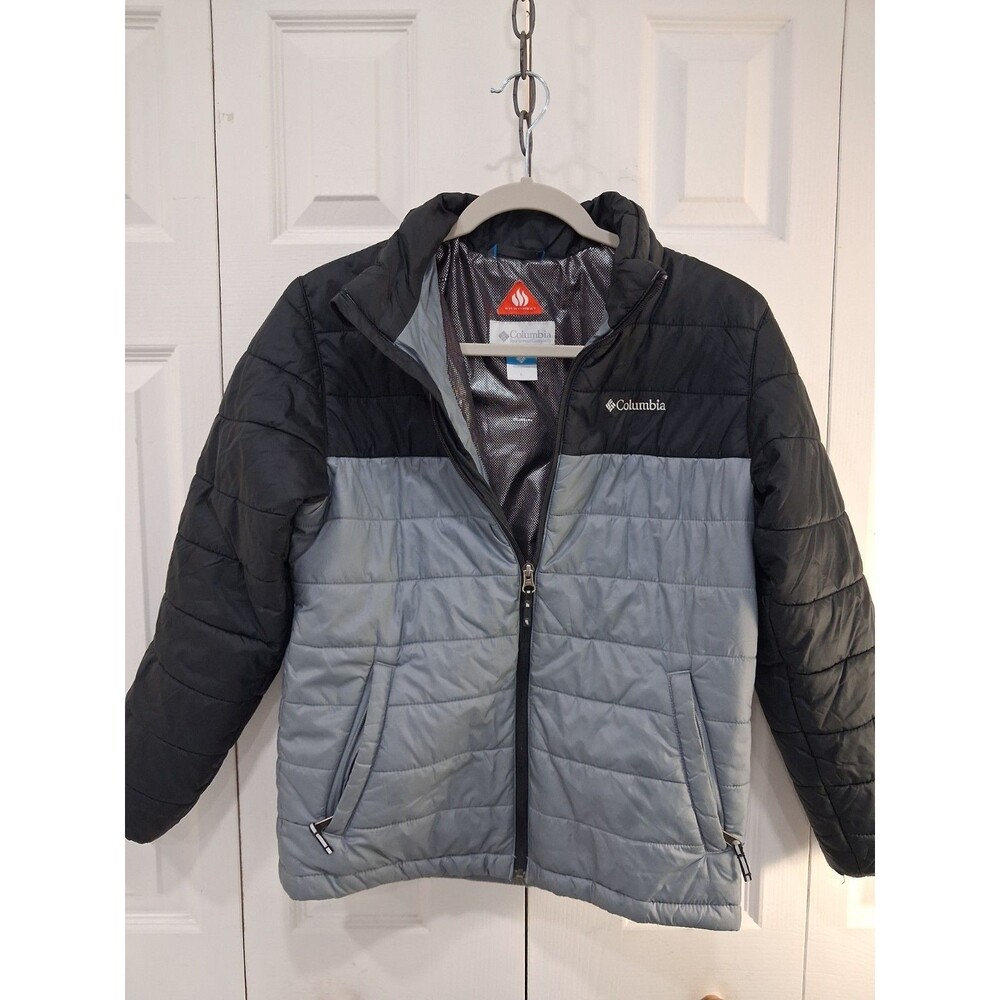 Columbia Omni Heat Gray Black  Full Zip Puffer Jacket Hiking Lightweight Youth L